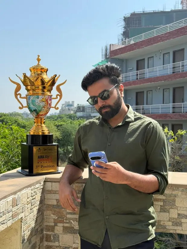 Me with my 3rd place Novice trophy at the Agra Adventure Rally 2026