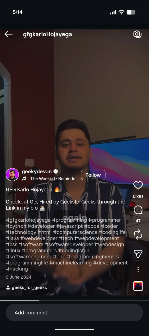 A tech creator's Instagram reel using the #gfgkarlohojayega hashtag