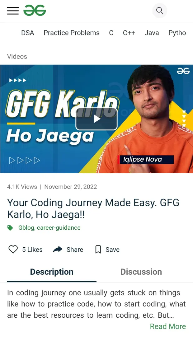 GeeksforGeeks video page titled GFG Karlo, Ho Jaega